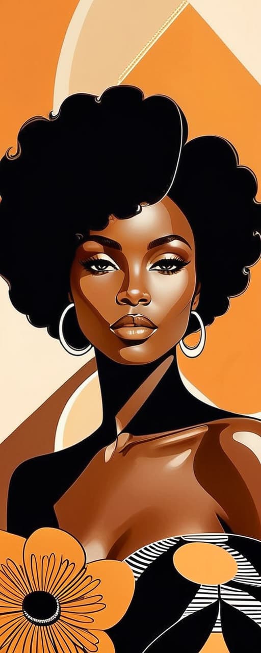  minimalism, a beautiful african woman with brown skin. with an afro. she wears a flowy black outfit. she is resting with a panther. a retro brown 70s flower design is in the background, abstract, simple geometic shapes, hard edges, sleek contours, minimalism