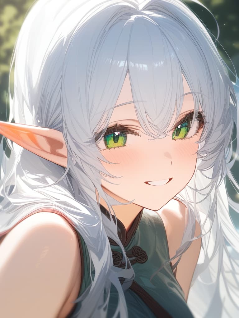  white hair, elf ear, green eye, smile, chepao, young , masterpiece, best quality,8k,ultra detailed,high resolution,an extremely delicate and beautiful,hyper detail