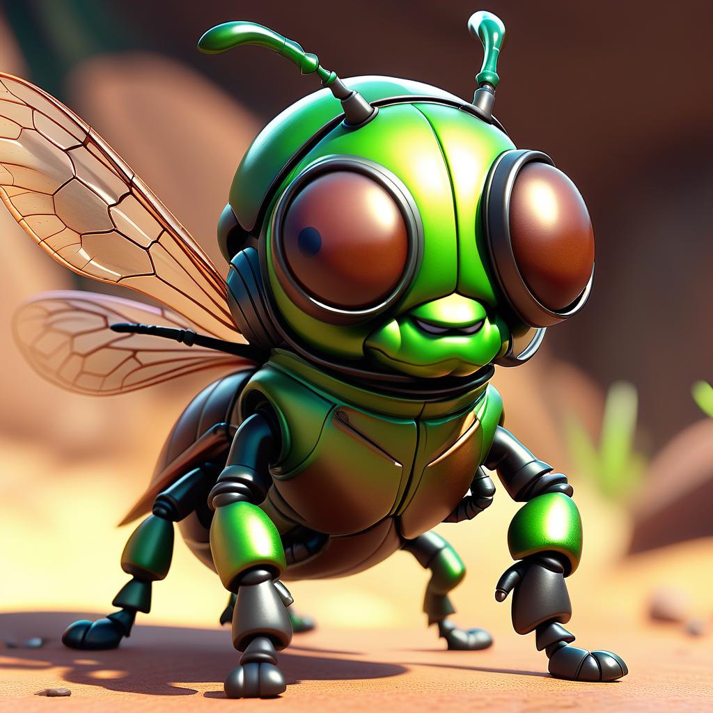  cute cartoon insect beetle character with a green body, big expressive eyes and a smile on his lips. on his head he has a huge brown helmet with goggles, giving him an adventurous look. the insect beetle stands confidently holding a blaster, he has graceful wings and long tendrils. the background is simple and bright inside the starship to emphasize the charm of the funny character with the weapon.