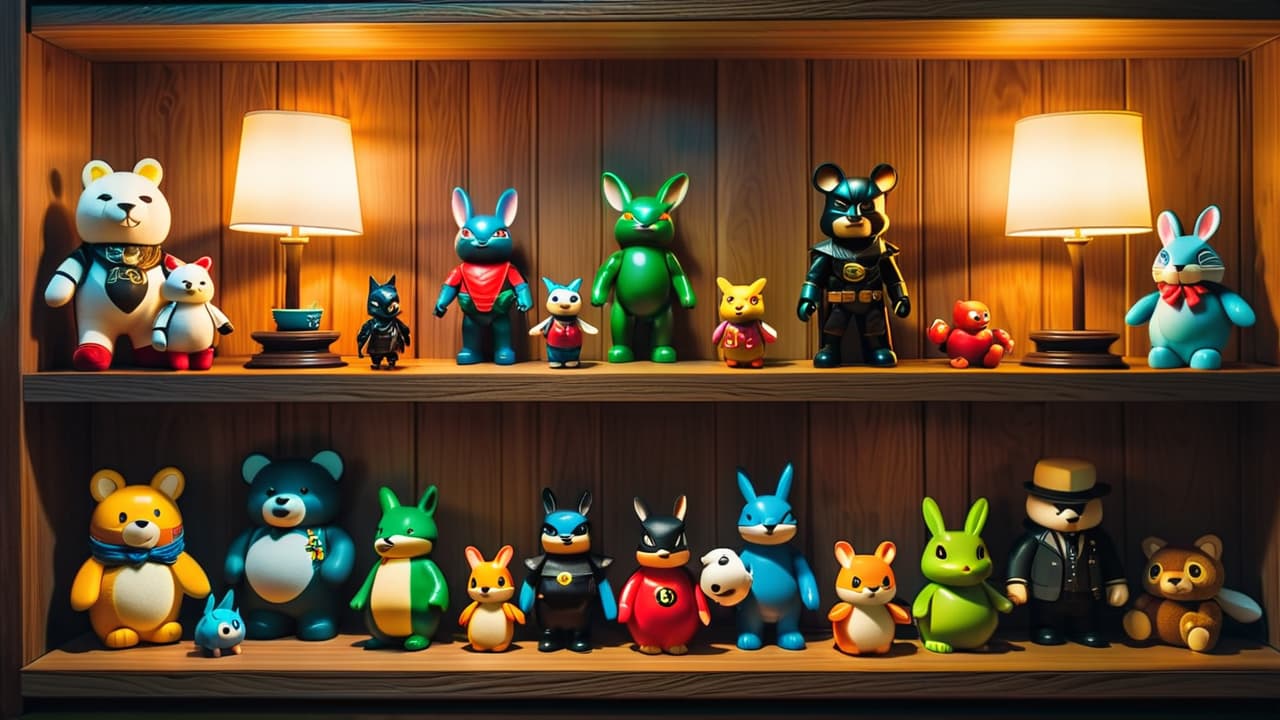  a vibrant display of various anime figurines on a wooden shelf, showcasing intricate details and colorful designs, surrounded by collector's items like posters and plush toys, set against a cozy, softly lit room. hyperrealistic, full body, detailed clothing, highly detailed, cinematic lighting, stunningly beautiful, intricate, sharp focus, f/1. 8, 85mm, (centered image composition), (professionally color graded), ((bright soft diffused light)), volumetric fog, trending on instagram, trending on tumblr, HDR 4K, 8K