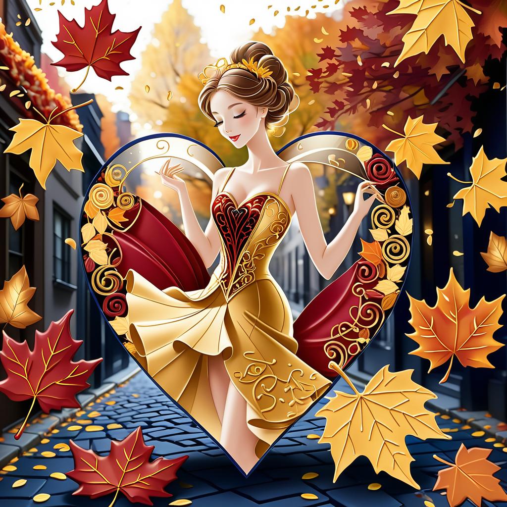  luxury product style on a carpet of yellow leaves in a simple dress of wind given crepe autumn danced a waltz boston in an alleyway. the warm day flew away and the saxophone sang hoarsely. (background of the card): falling autumn leaves, a whirlwind of autumn leaves, wind saxophone, ((a box of chocolates, the inscription "autumn waltz")) , a greeting card. (heart), a beautiful figure made of contours in the shape of a heart. (heart colour): night sky background, stars, gold pattern. (style):fantasy, autumn art, autumn romance. (colours):gold, green gold, navy blue, red, red gold, brown gold, silver, golden blue, bluish blue, dark blue on gold . elegant, sophisticated, high end, luxurious, professional, highly detailed