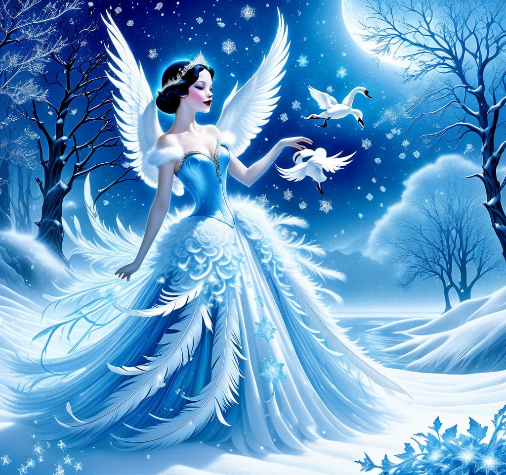  dreamscape thy name is (kiss the snow1,2) . ((key, (ice, blue1,6 sip)) ((blue eyed)) i've been jinxed ((snow singer1,8) . ((snow swan)) ((the snow swan)) feathers at my feet.( feathers flutter and slowly sink into the snow). (snow white swan): the head and body are creamy white with a silvery tint. wings of white blue colour from snowflakes (roses): light blue colour with leaves from ice crystals. background:soft blue with delicate patterns of falling snow and curls of blizzards, ice patterns on water.(style):fantasy, romantic art, silver age poetry, 19th century, dedication. . surreal, ethereal, dreamy, mysterious, fantasy, highly detailed, civitai, hkmagic