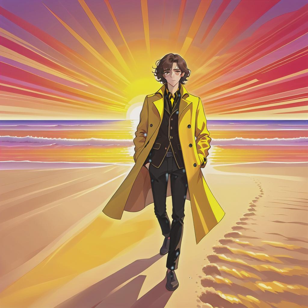  psychedelic style a young man stands on a beach where the soft sand extends to the horizon. he has long dark brown hair, which flies slightly in the breeze. his face, with pronounced jewish and slavic features, radiates lively energy. brown eyes are full of deep emotions, as if reflecting the vast expanses of the ocean. he wears a bright yellow coat that seems to shine, catching the eye and contrasting with the soft shades of the sunset. under his coat he wears a black shirt and black pants are decorated with yellow elements, creating a stylish and dynamic look. the bright red rays of the sunset fall on the terrain in stripes, highlighting the sandy shore and the water contrasting at night. a poetic atmosphere reigns around, when day gives 