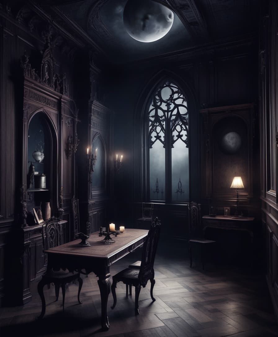  gothic style the dark room. wooden furniture in classic style. web and dust. no lighting. the moon outside . dark, mysterious, haunting, dramatic, ornate, detailed