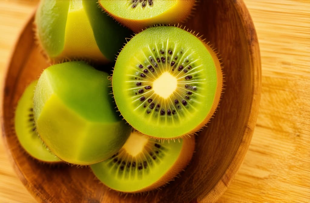  food gourmet photography style, juicy kiwis cut into halves lie in a wooden plate, close up full screen ar 3:2, appetizing, professional, culinary, high resolution, commercial, highly detailed ,soft natural lighting, macro details, vibrant colors, fresh ingredients, glistening textures, bokeh background, styled plating, wooden tabletop, garnished, tantalizing, editorial quality