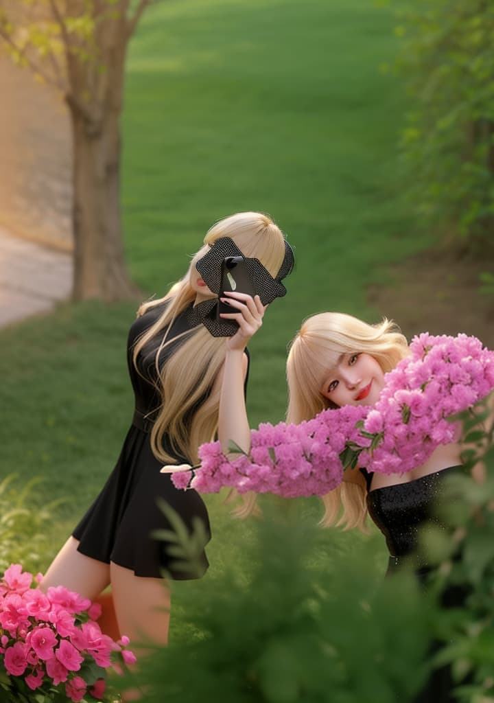  a young woman with soft, harmonious features. she has fair skin and light blonde hair, long with bangs framing her face. she is wearing a simple, elegant black dress that adds a touch of sophistication and grace. in the picture, she is taking a selfie while holding her phone confidently, with a subtle smile that adds a hint of spontaneity and charm. the background is simple, focusing attention on her natural beauty, and the lighting is soft and natural, enhancing the realistic feel. hyperrealistic, full body, detailed clothing, highly detailed, cinematic lighting, stunningly beautiful, intricate, sharp focus, f/1. 8, 85mm, (centered image composition), (professionally color graded), ((bright soft diffused light)), volumetric fog, trending on instagram, trending on tumblr, HDR 4K, 8K