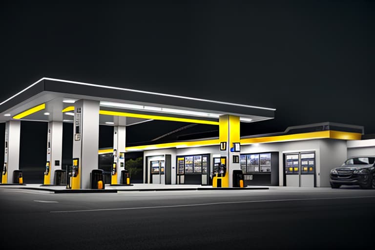  a gas station dark gray, slightly yellow and white. The main color is dark gray hyperrealistic, full body, detailed clothing, highly detailed, cinematic lighting, stunningly beautiful, intricate, sharp focus, f/1. 8, 85mm, (centered image composition), (professionally color graded), ((bright soft diffused light)), volumetric fog, trending on instagram, trending on tumblr, HDR 4K, 8K