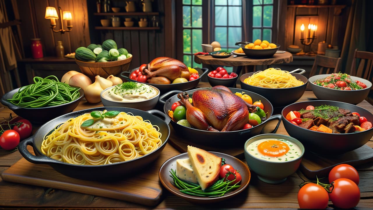  a vibrant array of cooked foods: steaming pasta, golden brown bread, sizzling grilled meats, creamy cheeses, and decadent desserts, all artfully displayed on a rustic wooden table, surrounded by fresh vegetables and colorful fruits. hyperrealistic, full body, detailed clothing, highly detailed, cinematic lighting, stunningly beautiful, intricate, sharp focus, f/1. 8, 85mm, (centered image composition), (professionally color graded), ((bright soft diffused light)), volumetric fog, trending on instagram, trending on tumblr, HDR 4K, 8K