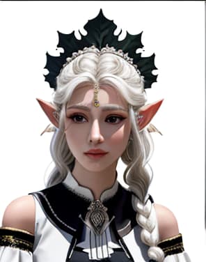  masterpiece, best quality, (masterpiece, best quality, high quality, highres, ultra detailed), realistic, the greater, (side braid:1.1), long hair,((white hair)), leaf hair ornament, elf, black eyes, white skin, bare shoulders, jewelry, white long dress, (detached sleeves:1.1), bracelet, (looking away:1.2), (hair floating:1.3), from side, (in forest:1.3), , (falling petals:1.1), (lens flare from right:1.2), (wear a suit black colour)