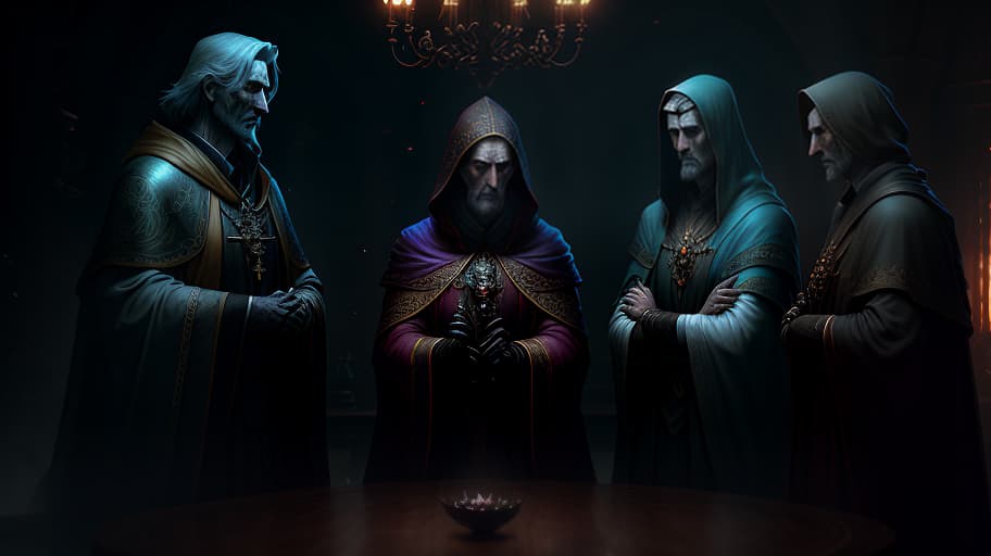  Three saints in robes stand over a table and talk to each other., dark , creepy , blood , monsters , by Jason Engle , Carlos Huante , Charlie Bowater , Simon Lee , Brom hyperrealistic, full body, detailed clothing, highly detailed, cinematic lighting, stunningly beautiful, intricate, sharp focus, f/1. 8, 85mm, (centered image composition), (professionally color graded), ((bright soft diffused light)), volumetric fog, trending on instagram, trending on tumblr, HDR 4K, 8K