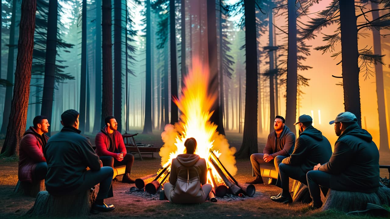  a shadowy figure whispers to a group of curious listeners around a flickering campfire, surrounded by eerie woods, with ghostly silhouettes and urban myth symbols subtly integrated into the glowing embers. hyperrealistic, full body, detailed clothing, highly detailed, cinematic lighting, stunningly beautiful, intricate, sharp focus, f/1. 8, 85mm, (centered image composition), (professionally color graded), ((bright soft diffused light)), volumetric fog, trending on instagram, trending on tumblr, HDR 4K, 8K