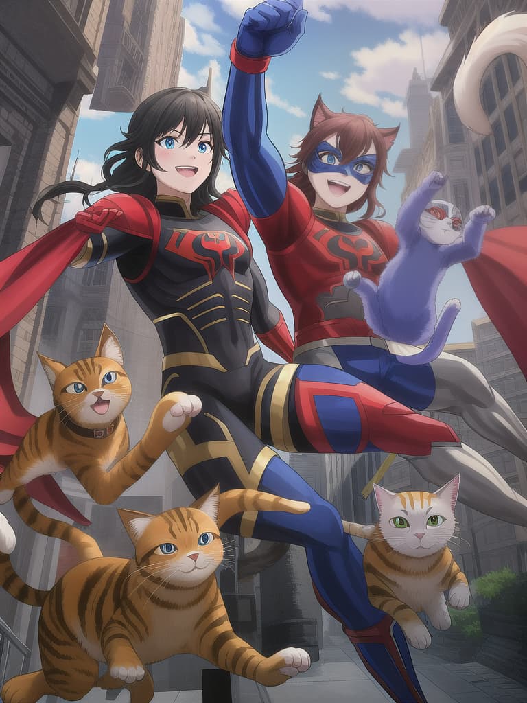  Masked superheroes, muscular quality, (holding cats, chasing fleeing cats), smiles, 💩, 💩, 💩, 💩, 💩, 💩, 💩, masterpiece, best quality,8k,ultra detailed,high resolution,an extremely delicate and beautiful,hyper detail