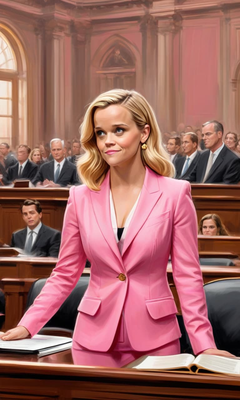  concept art color pink, white, black, gold courtroom young reese witherspoon to the waist in a pink suit speaks before the judge . digital artwork, illustrative, painterly, matte painting, highly detailed, perfect hands