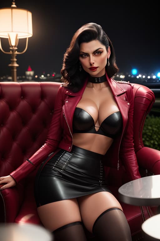  Morena Baccarin, hyper realistic photo, carmine red lips, dark makeup, fuchsia leather jacket, fuchsia skirt, leather skirt, slit skirt, suspender belt, white stockings, medium breasts, deep neckline, bare torso, topless, armchair, roof terrace (Champs Elysées), front view hyperrealistic, full body, detailed clothing, highly detailed, cinematic lighting, stunningly beautiful, intricate, sharp focus, f/1. 8, 85mm, (centered image composition), (professionally color graded), ((bright soft diffused light)), volumetric fog, trending on instagram, trending on tumblr, HDR 4K, 8K