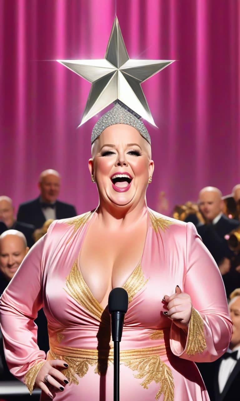  concept art pink, gold, black, white on stage performs bald melissa mccarthy there's a star on her head . digital artwork, illustrative, painterly, matte painting, highly detailed, perfect hands