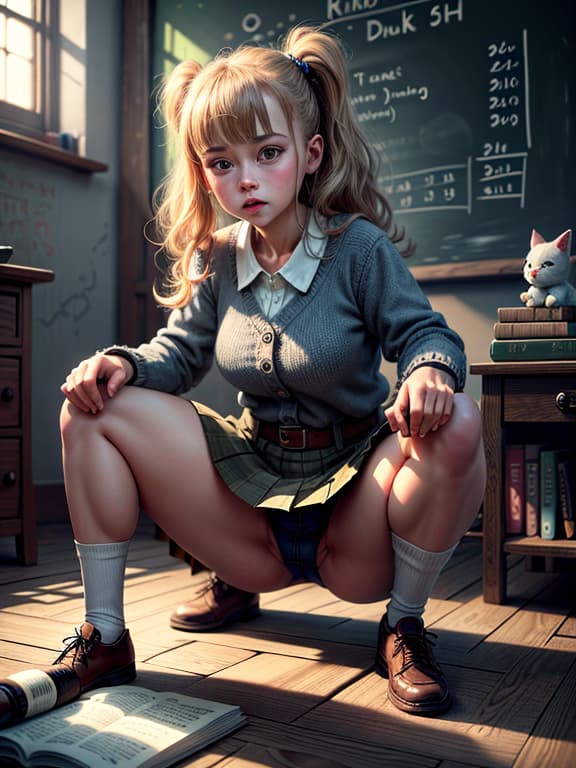  master piece, best quality, ultra detailed, highres, 4k.8k, A old Caucasian ., Squatting, lifting her ., Innocent and curious., BREAK Elementary life., Inside a clroom., desk, books, pencils, chalkboard., BREAK Bright and lively., Natural lighting, soft shadows.,