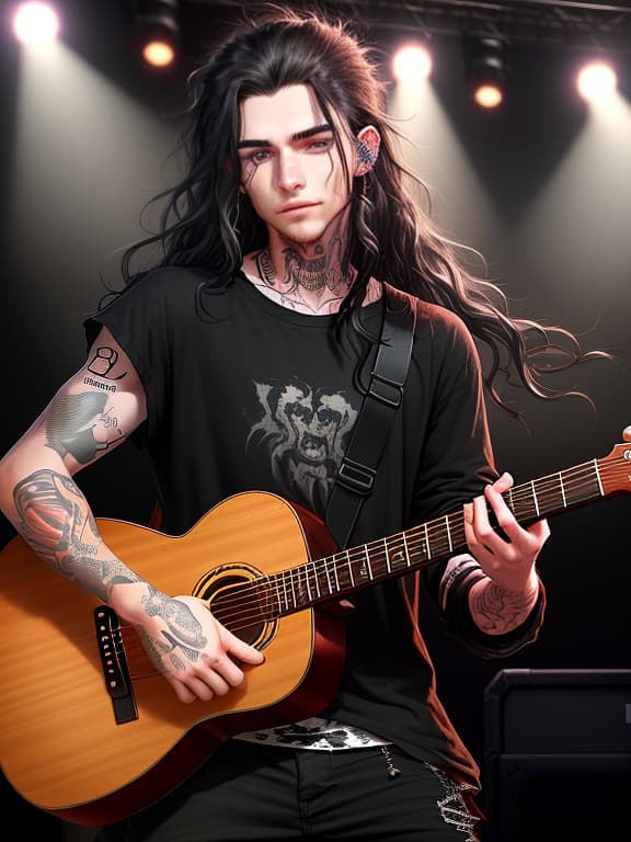  young man, long wavy black hair, lots of freckles, lots of tattoos, stubble on chin, pierced ears, wears black baggy shirt, sleeves rolled up, plays guitar, concert background