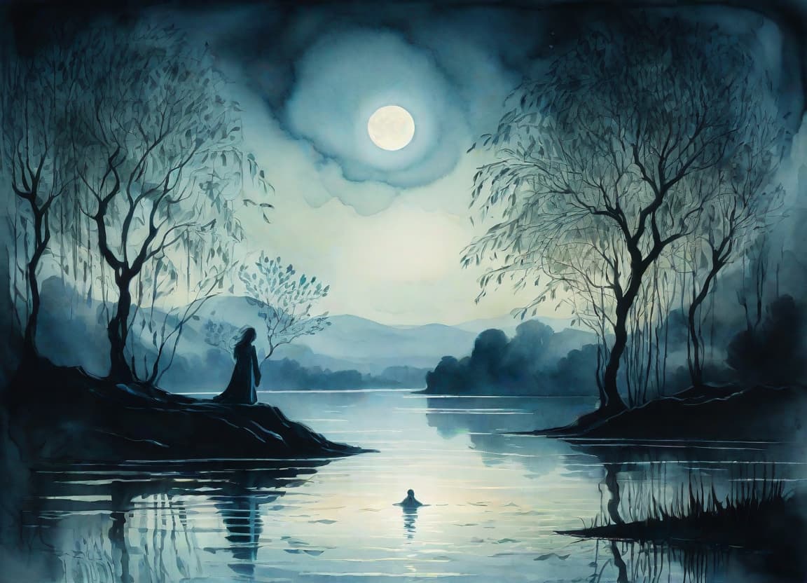  a digital watercolor ink painting depicting a lake framed by willow under soft moonlight. in the foreground is the figure of a woman. a complex composition, an intricate linear pattern, the influence of claude monet's color palette and the fourfold imagination of william blake. a mystical and magical atmosphere. a combination of blurred watercolor spots with a clear black pen pattern. unique artistic style. volumetric light, the use of negative space.