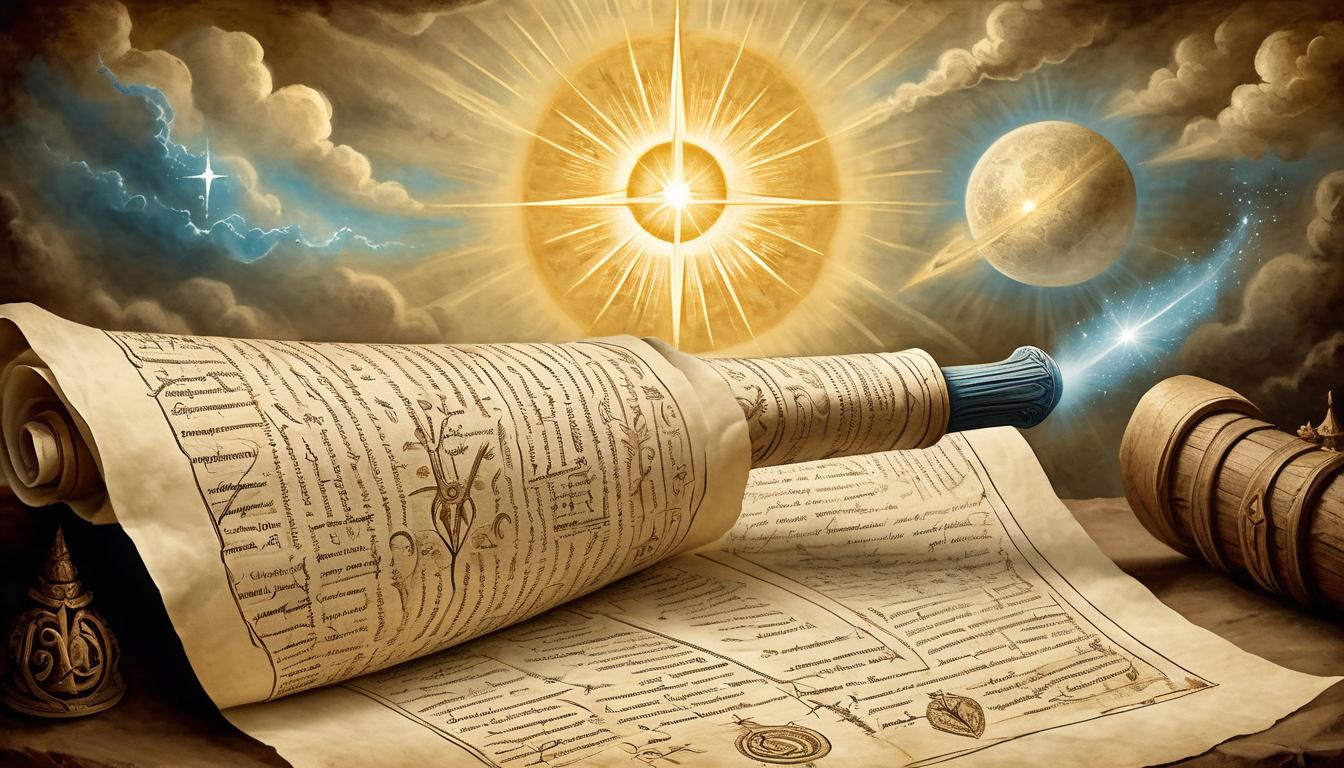  on parchment, surrealism+++, a celestial hand unveiling a scroll of divine intent, radiant light emanating from the parchment, ethereal and sacred, ancient wisdom(mysterious, provocative, symbolic,muted color)+++