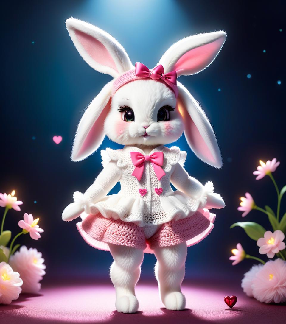  ethereal fantasy concept art of a very cute white and pink fluffy bunny, cute cute, with long floppy and fluffy ears, with a fashionable elegant crochet headband with a bow, and decorations, standing on two legs, in a crocheted white and pink jumpsuit with ruffles, tulle ruffles, with draperies, with ruffled tulle, with a bow, a peplum, very detailed, dressed in beautiful crocheted shoes with decorations, flying fireflies and neon hearts, glare of light, radiance, fabulously beautiful, tenderness, love, aesthetics, professional photo, realism, high resolution, high detail , iso 100, f/2.8, 4k, 1/250 s, 30mm lens, bright light . magnificent, celestial, ethereal, painterly, epic, majestic, magical, fantasy art, cover art, dreamy, sticker hyperrealistic, full body, detailed clothing, highly detailed, cinematic lighting, stunningly beautiful, intricate, sharp focus, f/1. 8, 85mm, (centered image composition), (professionally color graded), ((bright soft diffused light)), volumetric fog, trending on instagram, trending on tumblr, HDR 4K, 8K