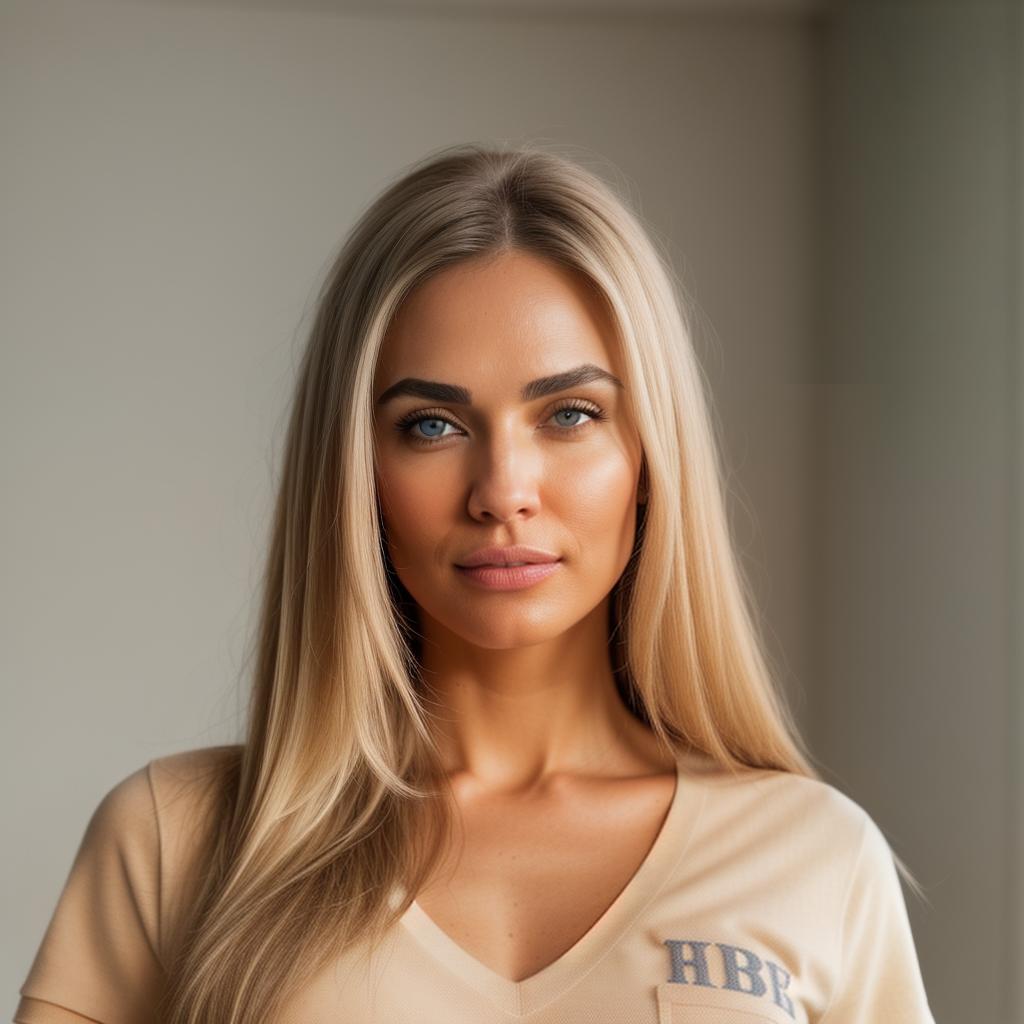  (((realistic full torso frontal head shot of a light beige to medium tan skin tone woman))), beatrix jemima hofmann, ((caucasian heritage)), immature face, blue eye color, ((straight hair style)), ((blonde hair color)), ((athletic body type)), small size, athletic size, (immature small rounded nose), (immature prominent jawline), (immature thin lips), (immature narrow forehead), (immature defined cheekbones), (immature eyebrows), (immature cleft chin), standing straight looking directly into the camera,((wearing fitted polo shirt with deep v neck and monogrammed pocket)), backyard in background, 1girl, best quality, highest quality, award winning photo, masterpiece, raw, professional photography, photorealism, sharp f hyperrealistic, full body, detailed clothing, highly detailed, cinematic lighting, stunningly beautiful, intricate, sharp focus, f/1. 8, 85mm, (centered image composition), (professionally color graded), ((bright soft diffused light)), volumetric fog, trending on instagram, trending on tumblr, HDR 4K, 8K