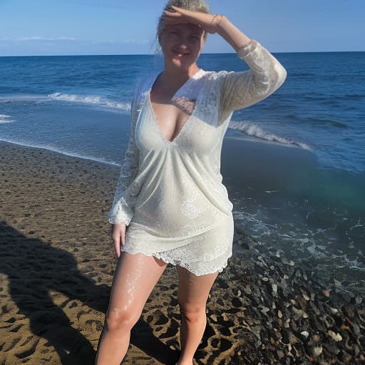  a woman standing on the beach with her hands up, photorealistic, hyperrealistic, hyperdetailed, analog style, hip cocked, demure, low cut, black lace, detailed skin, matte skin, soft lighting, subsurface scattering, realistic, heavy shadow, masterpiece, best quality, ultra realistic, 8k, golden ratio, intricate, high detail, film photography, soft focus