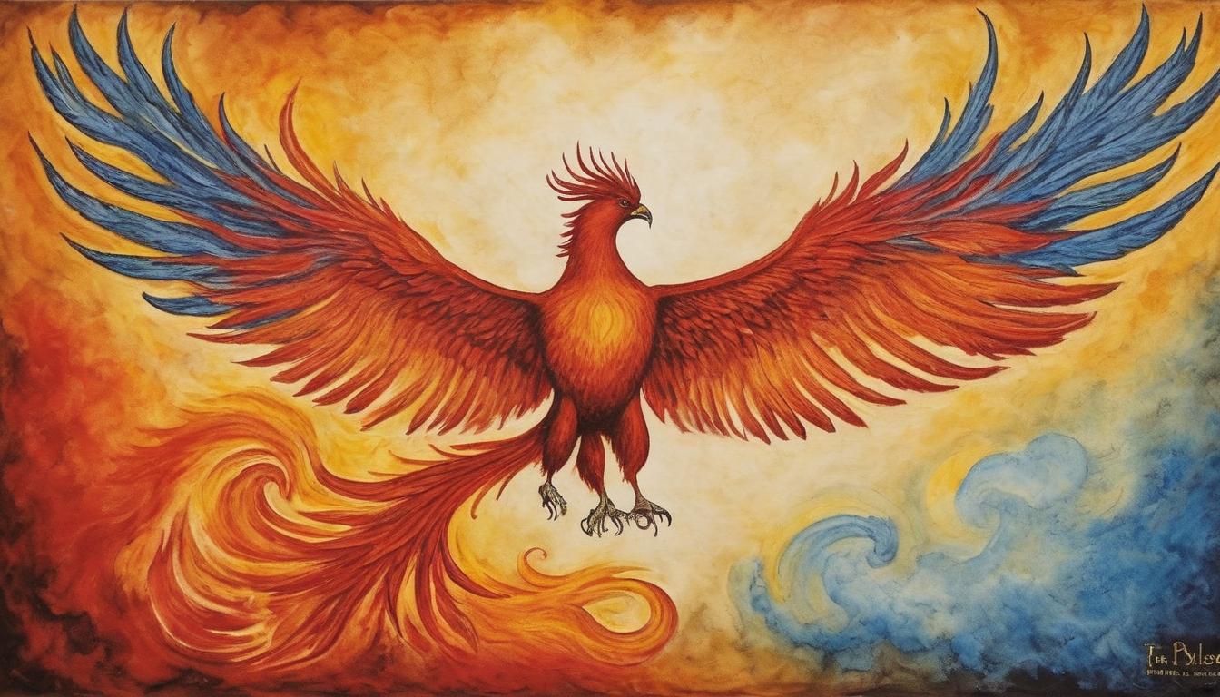  on parchment, surrealism++, phoenix rising from ashes, radiant flames, vivid colors, fiery ascent, hopeful(mysterious, provocative, symbolic)++