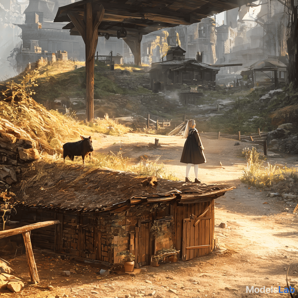  a little girl in front of the three pigs house hyperrealistic, full body, detailed clothing, highly detailed, cinematic lighting, stunningly beautiful, intricate, sharp focus, f/1. 8, 85mm, (centered image composition), (professionally color graded), ((bright soft diffused light)), volumetric fog, trending on instagram, trending on tumblr, HDR 4K, 8K