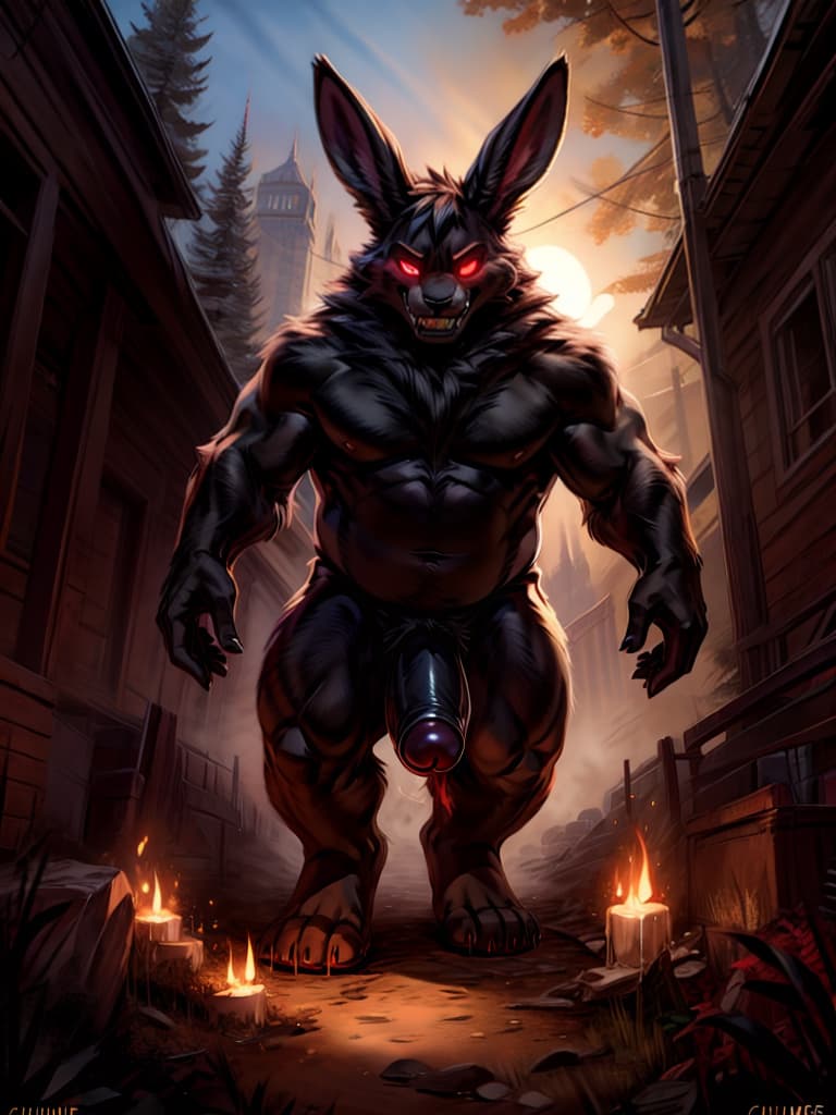  chunie chubby solid black shadow bunny with solid glowing white eyes a glowing white teeth floating in the shadows with his big black cock out with a glowing white cock tip, bloodstainai, horror, fear