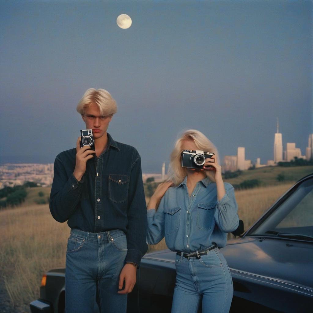  analog film photo a platinum blonde girl takes pictures on a polaroid in a black shirt and stands next to a blonde guy in a denim shirt, standing by a black car, a view from a hill, in the background the city, the time of dusk, a full light moon, the style of the 80 90s. . faded film, desaturated, 35mm photo, grainy, vignette, vintage, kodachrome, lomography, stained, highly detailed, found footage