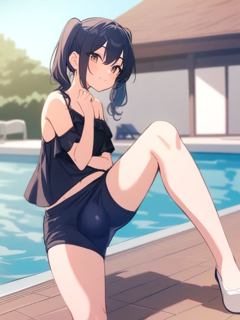  women's elementary students (male), twin tails, cute smiles, (rich s), short stature, dark blue swimwear, old swimwear, swimwear, simple, (upward), upward, (bulge), front, whole body, pool side ,,,