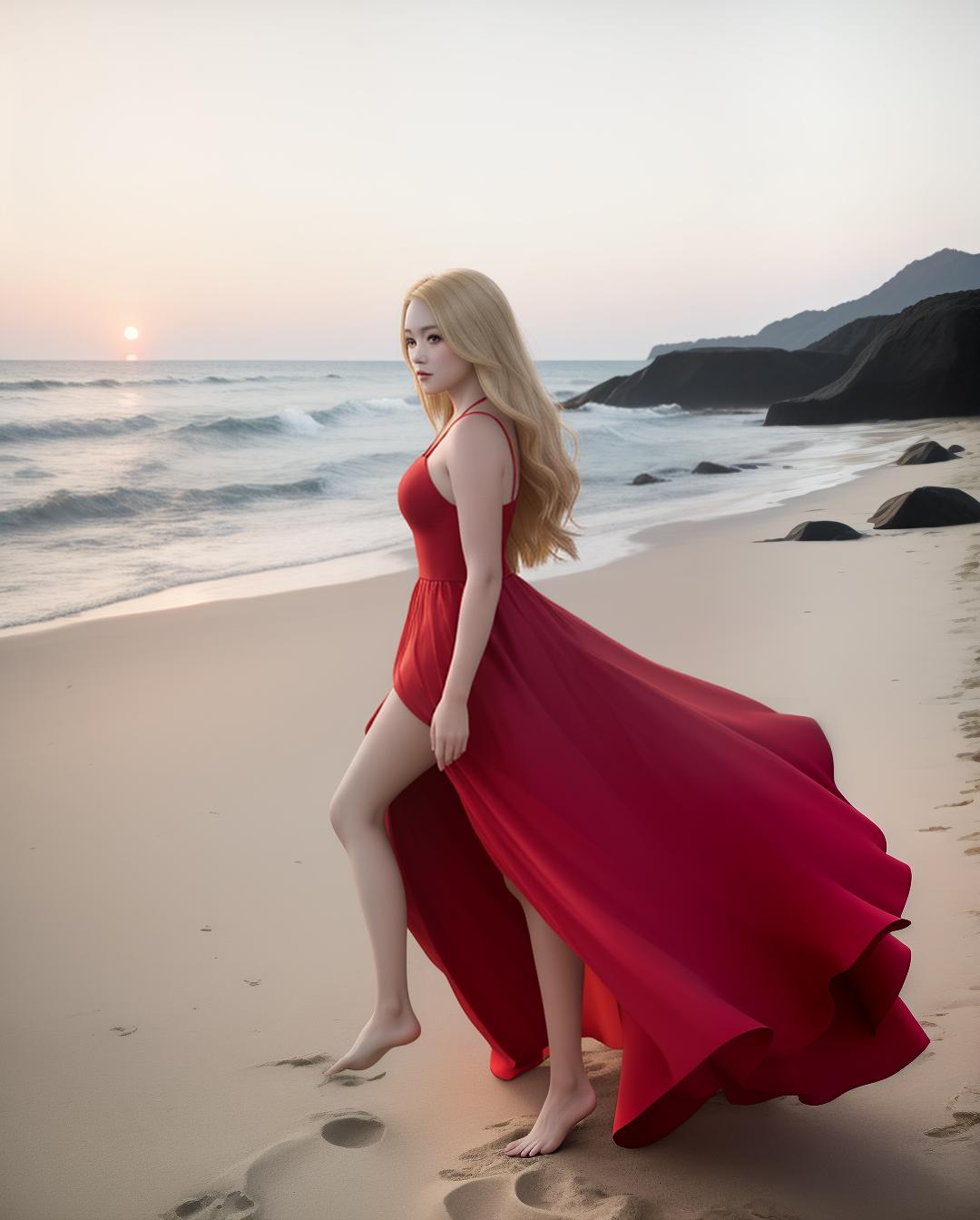  masterpiece, best quality, a full body photo of a beautiful woman in a red dress, walking on the beach at sunset, barefoot, with long, blonde highlighted hair. (in the style of canon eos r5) ar 51:64