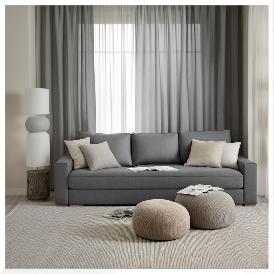  realistic image ((television)), modern, modernity, a living room with a gray couch and pillows, main colour black, tilt shift mirror background, fine image on the store website, grey and dark theme, ikea catalogue, tapestry, rounded lines, sand 8k, colored walls, sliding glass windows, unique design,full hd, fabrics textiles