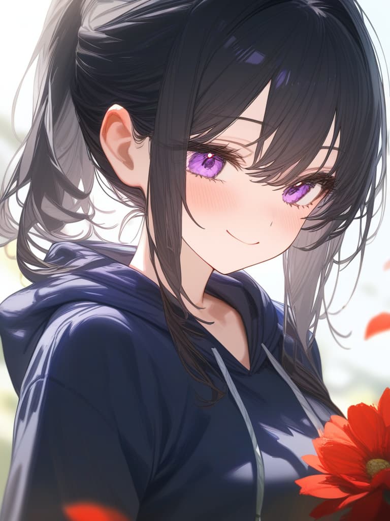  purple eyes, smile, hoodie, black hair long, red flower, masterpiece, best quality,8k,ultra detailed,high resolution,an extremely delicate and beautiful,hyper detail