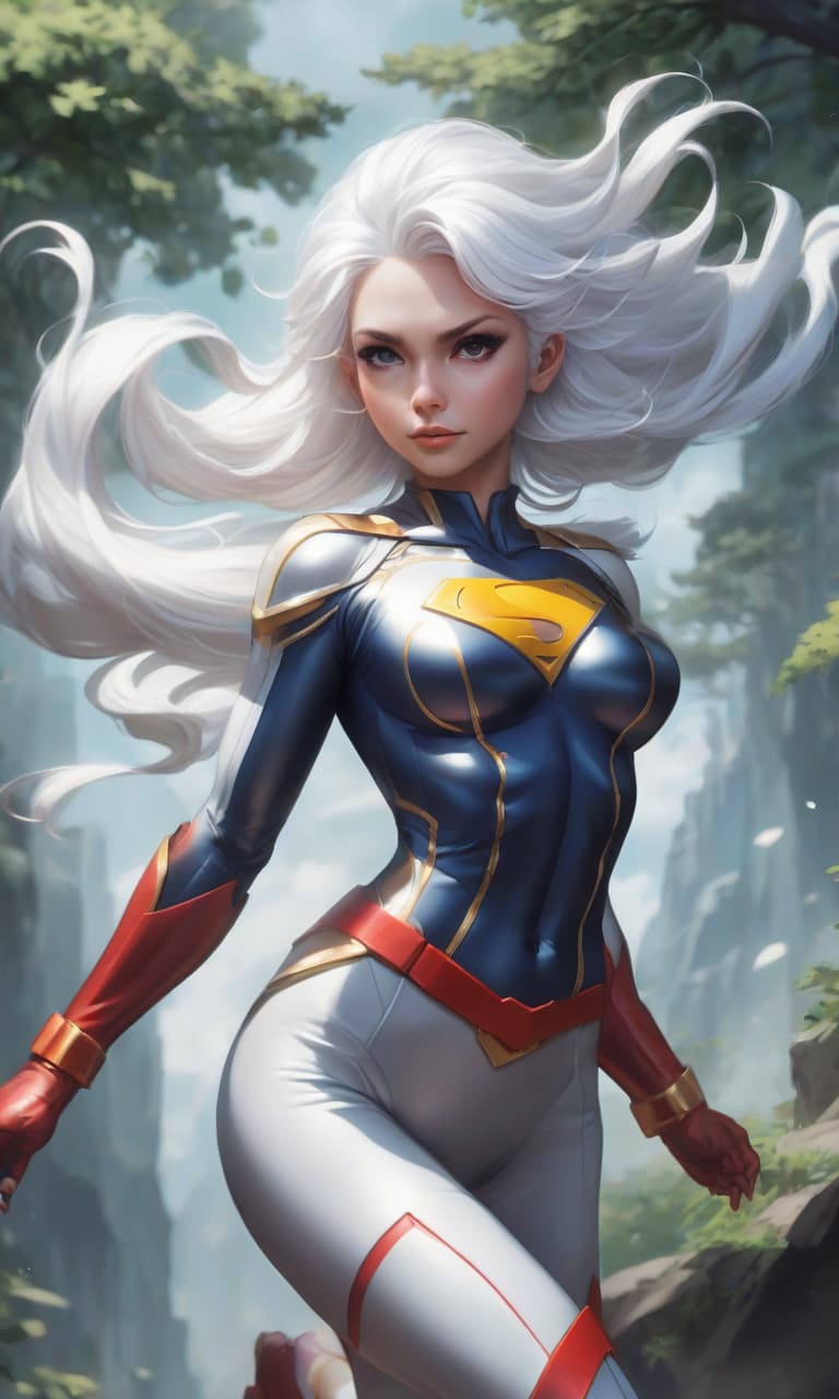  game art game sprite, flying girl superhero, outdoor bodysuit white hair, nebo