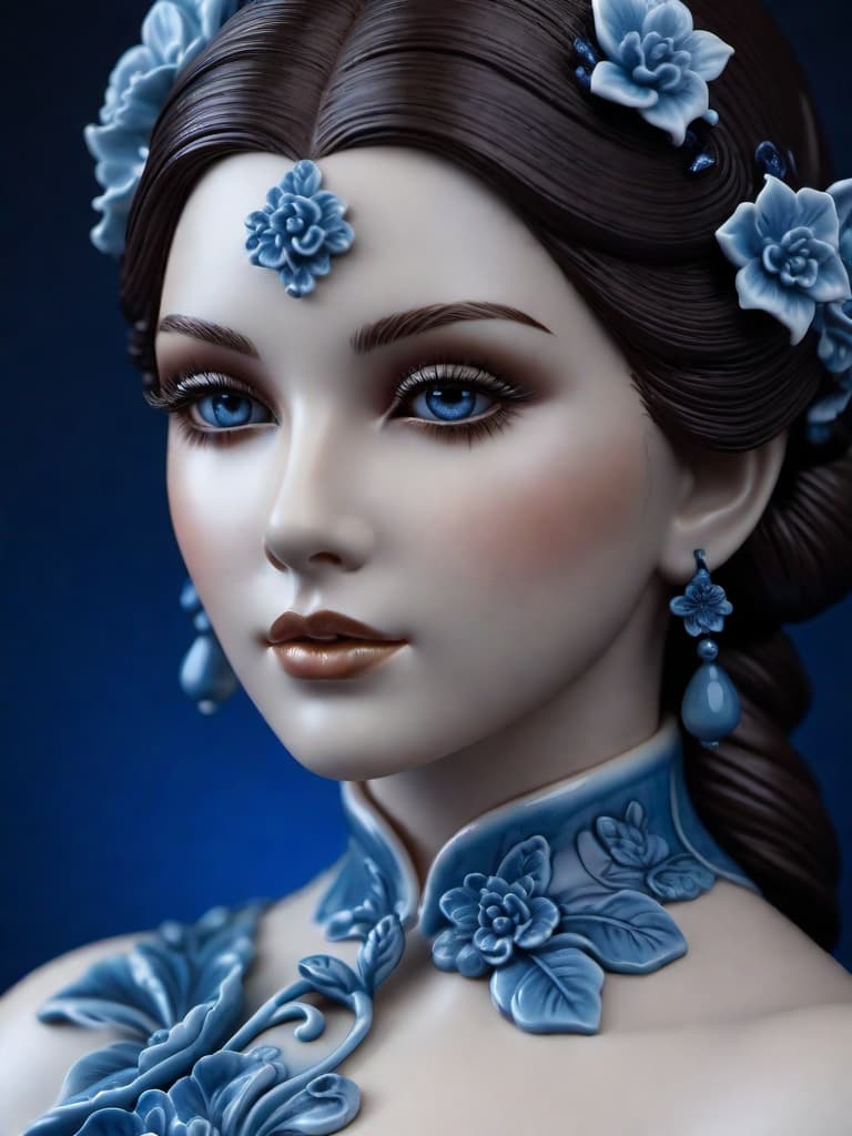  Close-up porcelain female figurine, looking to the camera, glossy surface, glaze, shiny, blue floral tattoos on her, dark gradient background, baroque dark style, hyperrealistic, CG society, intricate details