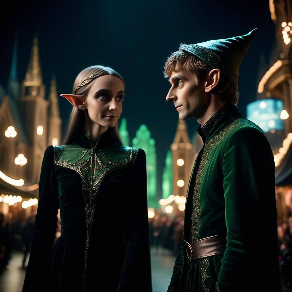  cinematic film still spouses of an elf and an elf in rich black clothes stand on stage in the night city, behind them artisans at the exhibition . shallow depth of field, vignette, highly detailed, high budget, bokeh, cinemascope, moody, epic, gorgeous, film grain, grainy