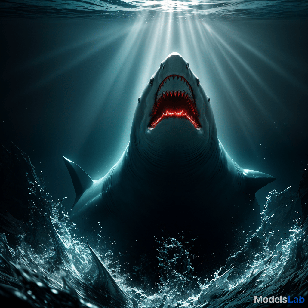  a realistic 8k portrait of a terrifying shark deep in the ocean at night, with its mouth wide open. the shark's eyes and mouth emit an intense red light, illuminating the surrounding dark water. the ocean is dimly lit with deep blue and black tones, creating a menacing atmosphere. the red glow casts shadows around the shark, highlighting its sharp teeth and adding a supernatural, horror like effect. subtle light rays from above barely penetrate the murky water, adding to the eerie, otherworldly feel of the scene. hyperrealistic, full body, detailed clothing, highly detailed, cinematic lighting, stunningly beautiful, intricate, sharp focus, f/1. 8, 85mm, (centered image composition), (professionally color graded), ((bright soft diffused light)), volumetric fog, trending on instagram, trending on tumblr, HDR 4K, 8K