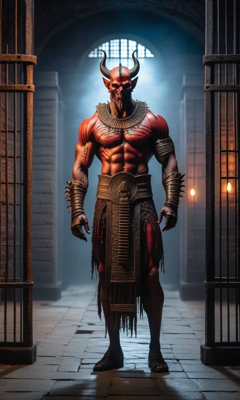  horror themed demon in the dungeon, against the background of ancient egyptians and prison bars . eerie, unsettling, dark, spooky, suspenseful, grim, highly detailed hyperrealistic, full body, detailed clothing, highly detailed, cinematic lighting, stunningly beautiful, intricate, sharp focus, f/1. 8, 85mm, (centered image composition), (professionally color graded), ((bright soft diffused light)), volumetric fog, trending on instagram, trending on tumblr, HDR 4K, 8K