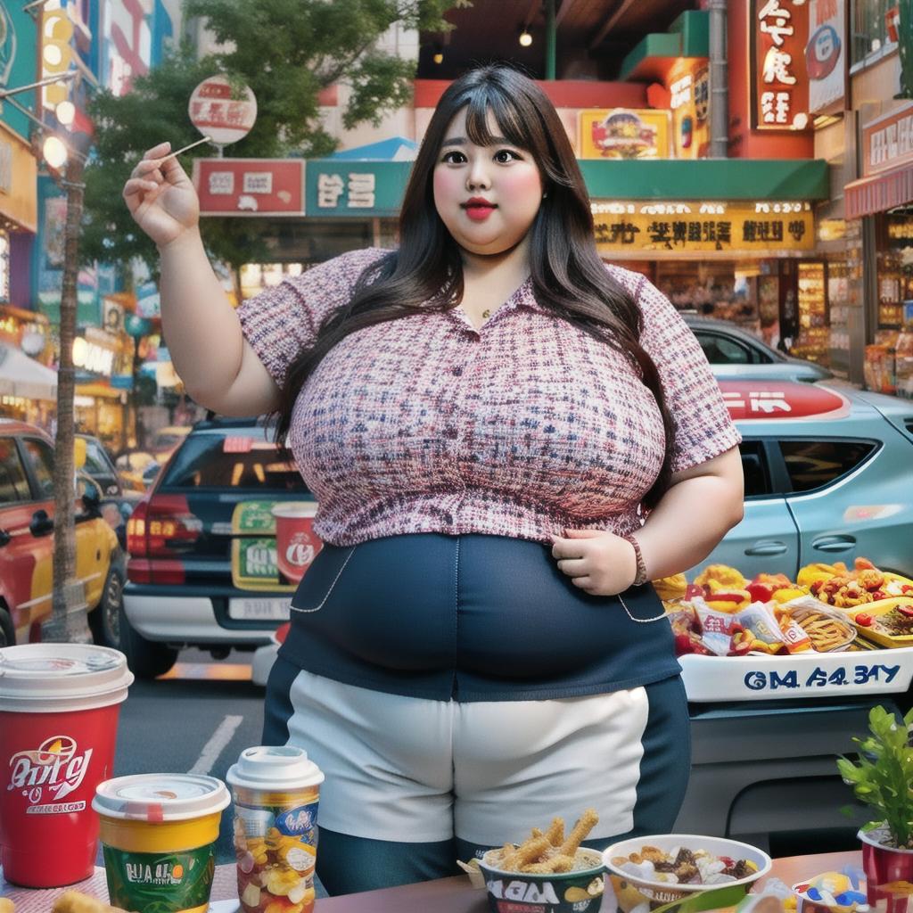  cinematic photo obese 300 pounds overweight fatty fat big belly extremely swollen belly eating junk food. 35mm photograph, film, bokeh, professional, 4k, highly detailed