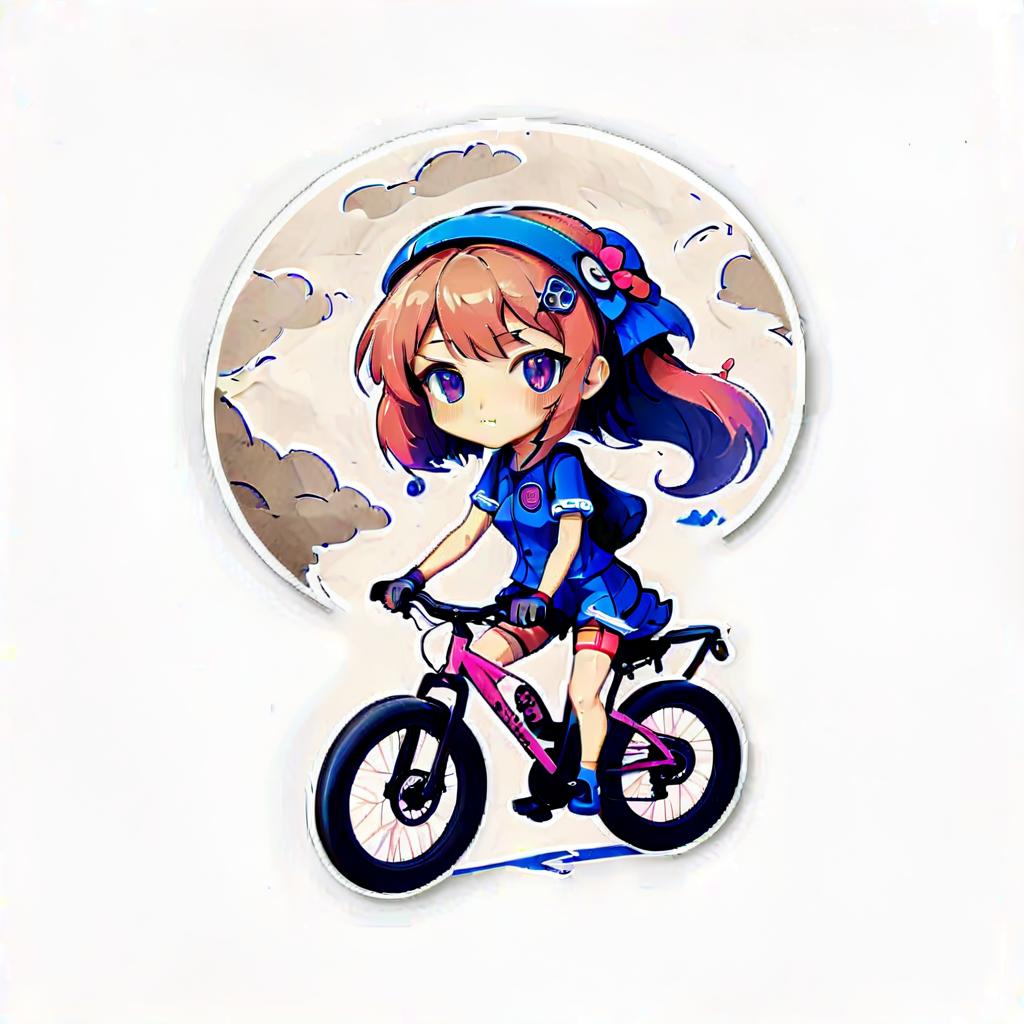  anime girl on a mtb bicycle, round sticker, sticker, logo, on parchment