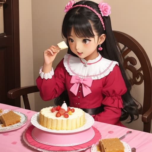  Girl in feminine dress eating cake Girl Cute