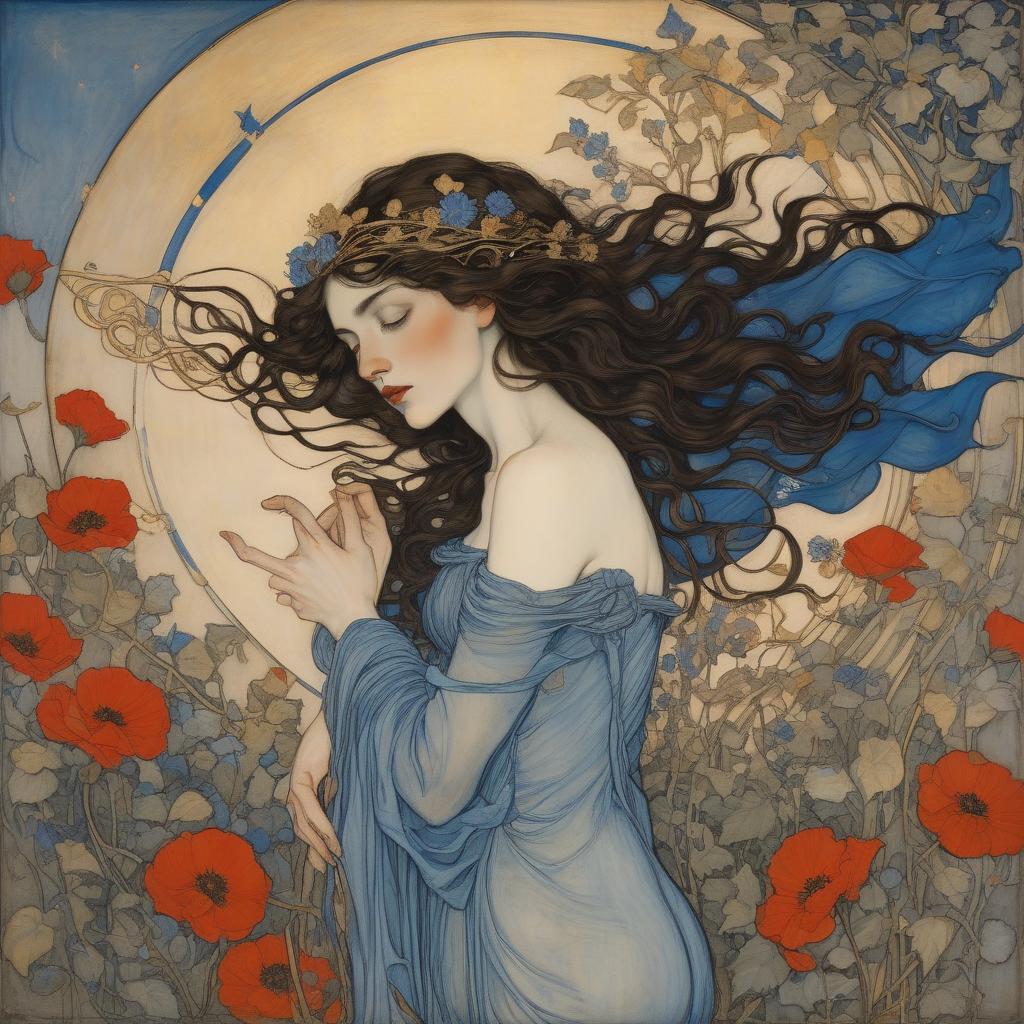  painting by arthur rackham and egon schiele depicting a wind goddess, she is a shooting star and a fallen angel, surrounded by beautiful flora, poppies, roses, lilies, morning glories, intricate golden vines, highly detailed azure eyes, luxurious dark hair with botticelli curls in a breeze, with cupids bow lips, wearing gently flowing gossamer silk in blues and gold.