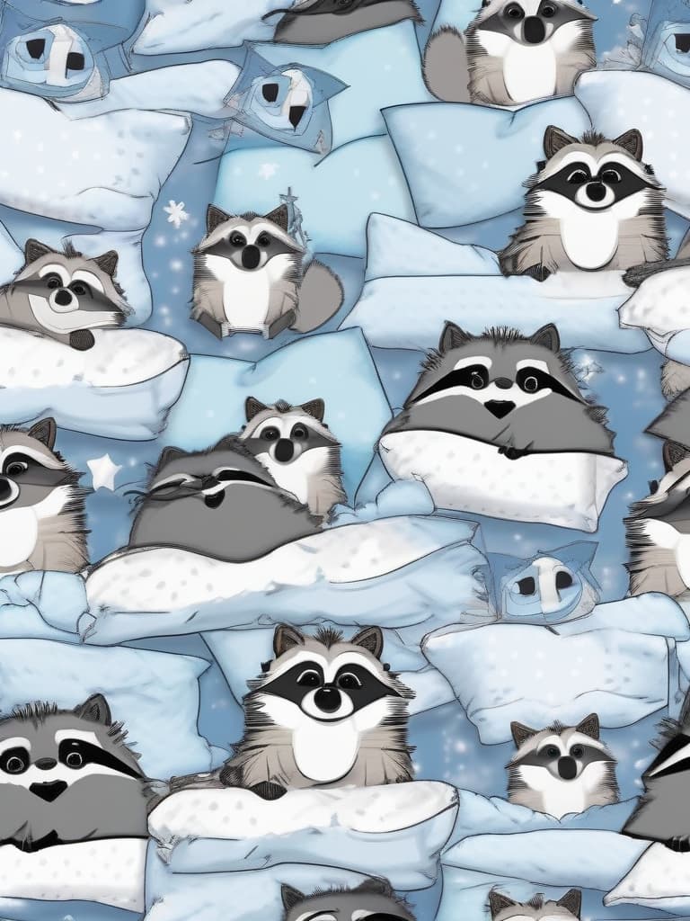  cute raccoon,in pajamas,in bed from holding a pillow,time to say goodnight,