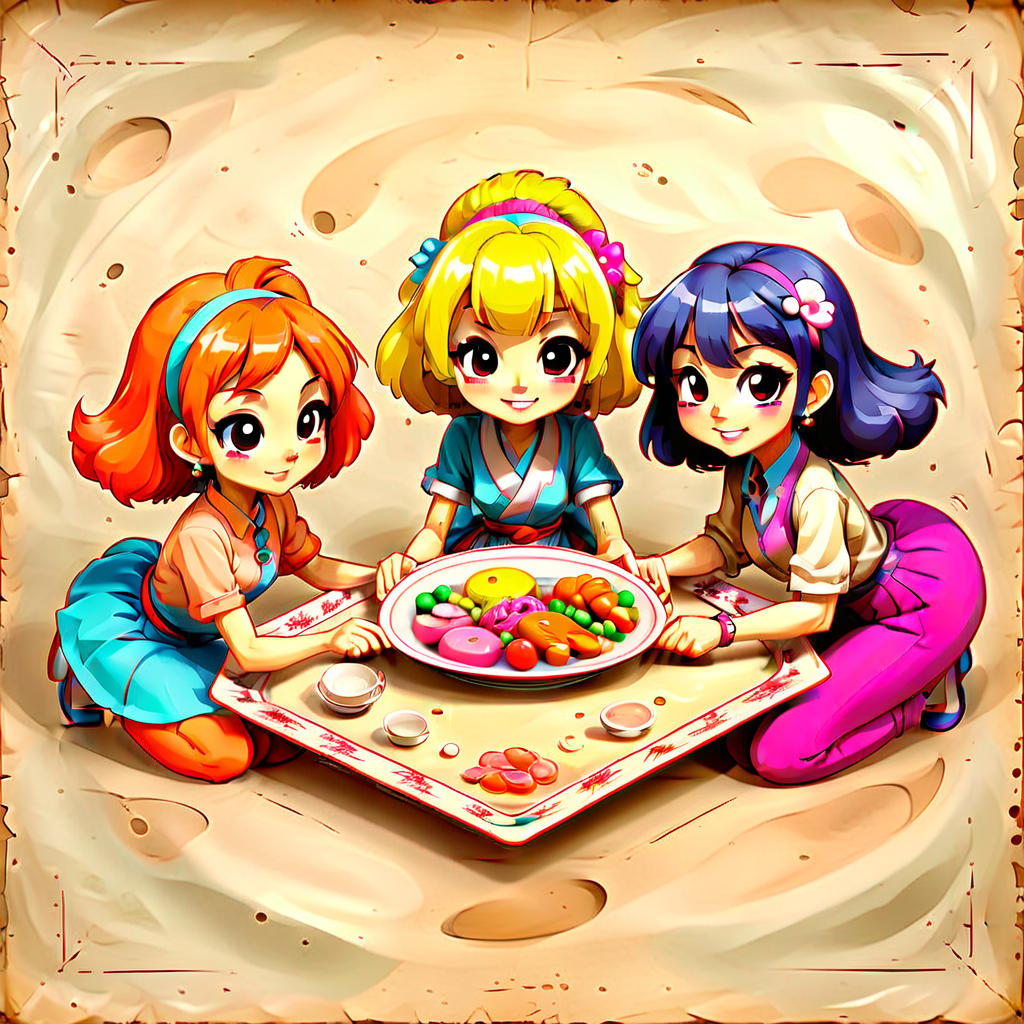  kawaii style two women and a man are on the floor with a plate . cute, adorable, brightly colored, cheerful, anime influence, highly detailed, on parchment