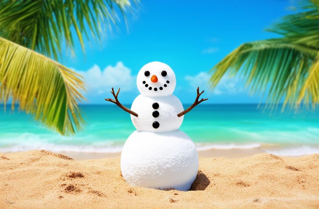  professional detailed photography, white snowman on the beach concept of tropical christmas background, snowman, tropical christmas, beach holiday, snowman on the beach, christmas in the tropics ar 3:2, (muted colors, dim colors, soothing tones), (vsco:0.3)