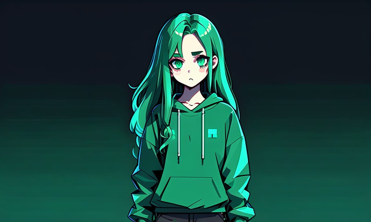  pixel art a girl in anime and pixel art style with long hair stands in the dark dressed in a dark green sweatshirt and pants. the girl looks into the darkness with black lower eyelids under the eyes of turquoise color full of fear of the unknown and curiosity. she's holding her hand in front of her. . low res, blocky, pixel art style, 8 bit graphics