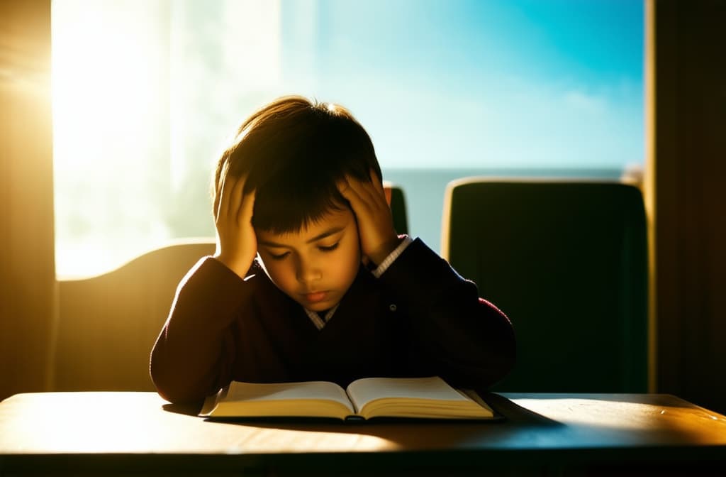  cinematic film style, a primary school child sits at a table in front of a notebook and holds his head, tired of studying ar 3:2, shallow depth of field, vignette, maximum details, high budget hollywood movie, bokeh, cinemascope, moody, epic, gorgeous, sun rays and shadows on furniture and surfaces, flattering light, raw photo, photography, photorealistic, 8k resolution, f1.4, sharpened focus, sharp focus