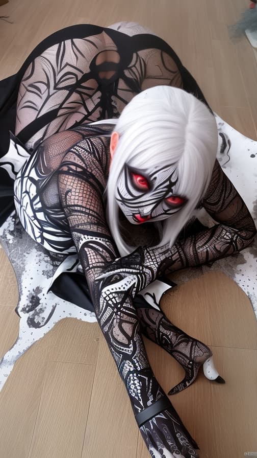  White Spider-patterned body paint in every corner of the whole body, full-body, Blark body paint, Silver face paint on the face, succubus 女性