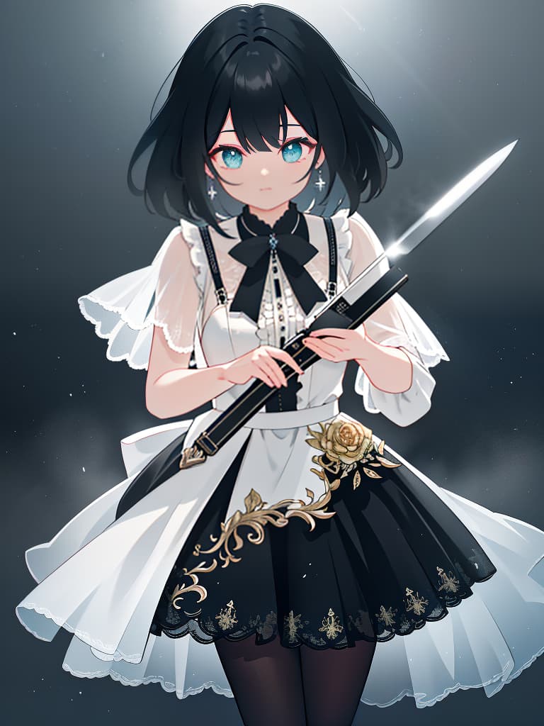  black hair girl with a knife, masterpiece, best quality,8k,ultra detailed,high resolution,an extremely delicate and beautiful,hyper detail hyperrealistic, full body, detailed clothing, highly detailed, cinematic lighting, stunningly beautiful, intricate, sharp focus, f/1. 8, 85mm, (centered image composition), (professionally color graded), ((bright soft diffused light)), volumetric fog, trending on instagram, trending on tumblr, HDR 4K, 8K